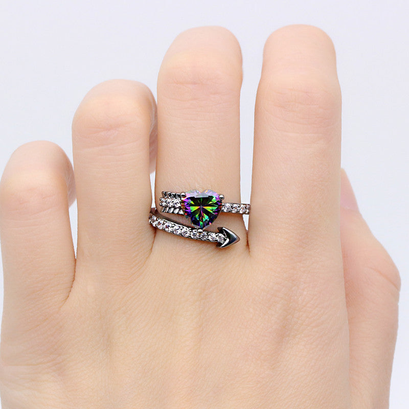 New Arrival Rainbow Cubic Zirconia Fire Opal Black Gun Plated Cupid Arrow Heart Cocktail Ring Valentine's Day Gift Party Ring