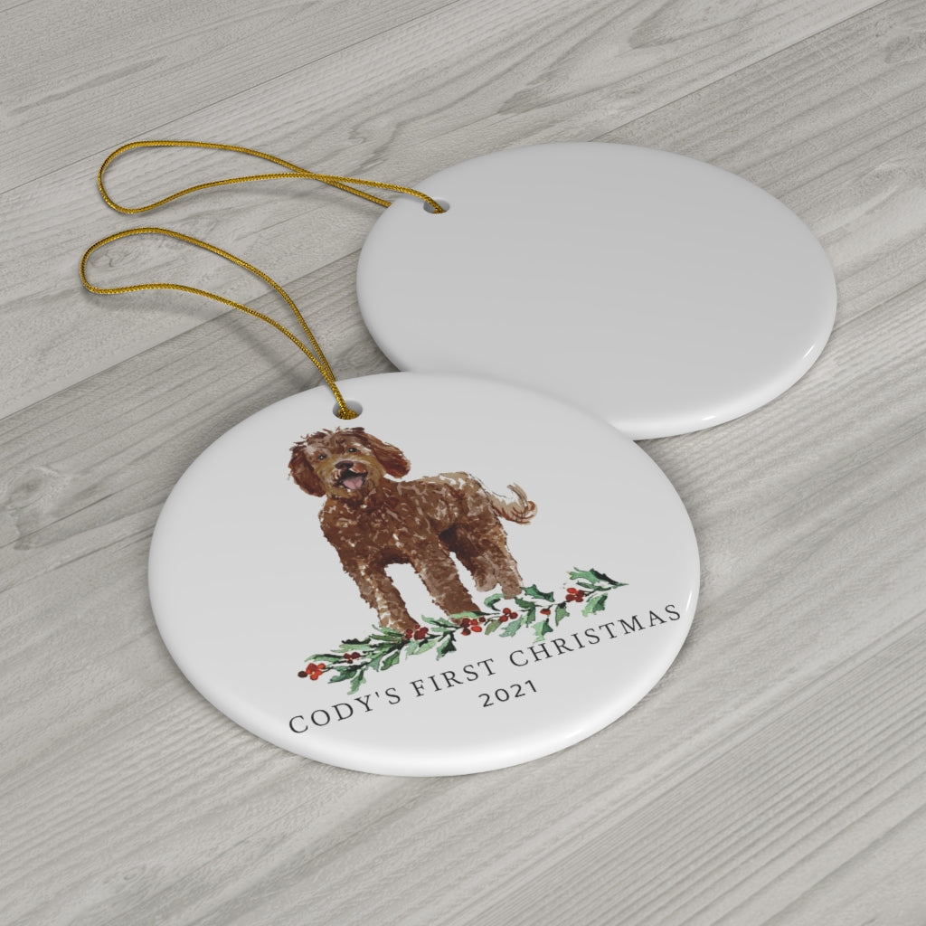 Cody's First Christmas 2021 Doodle Christmas Ornament, Brown Doodle, Brown Golden Doodle, Labradoodle, Dog Ornament, Gift for Golden Doodle Owner, Personalized Ornament