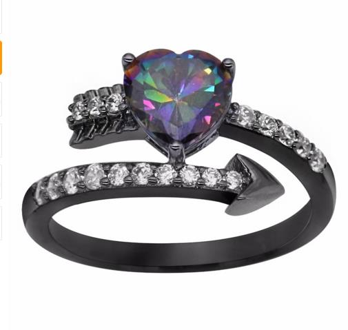 New Arrival Rainbow Cubic Zirconia Fire Opal Black Gun Plated Cupid Arrow Heart Cocktail Ring Valentine's Day Gift Party Ring