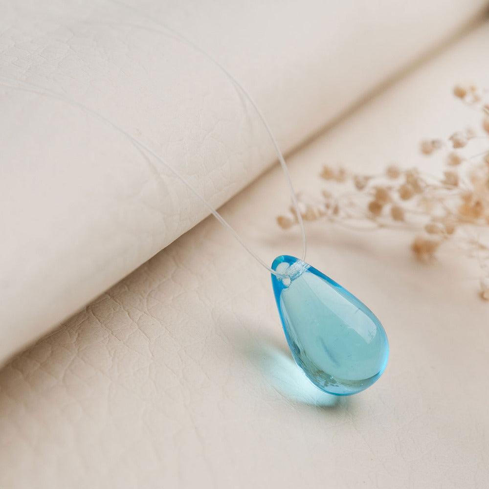 8SEASONS Blue Mermaid Tear Beads Drop Transparent Lampwork Glass Necklace Silver Color 41cm(16 1/8") long, 1 Piece