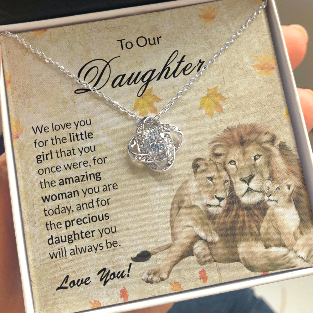 to our daughter necklace, we love you for the little girlthat you once were the love knot necklace