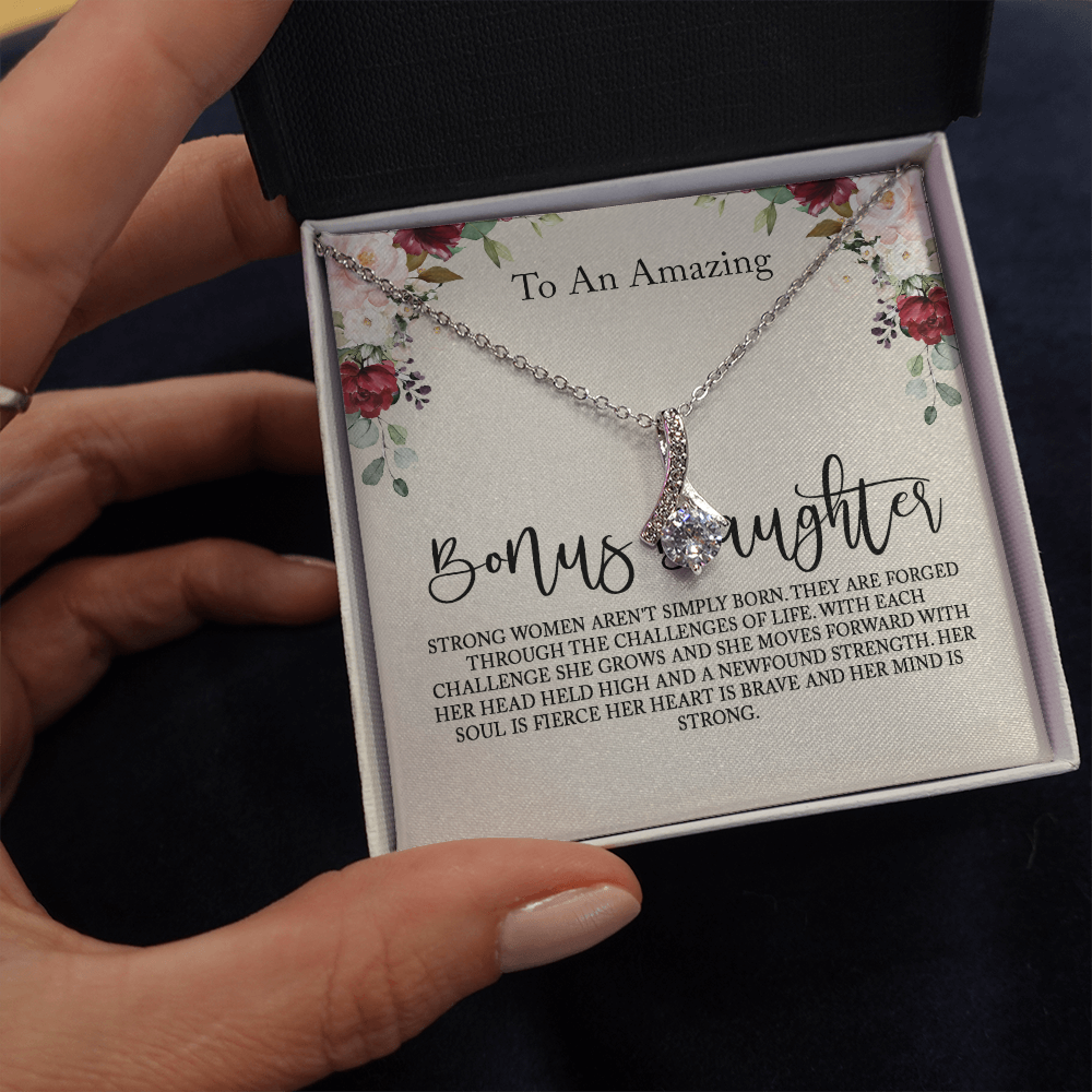 to my bonus daughter necklace, storng women aren't simply born alluring beauty necklace, gifts for my bonus daughter