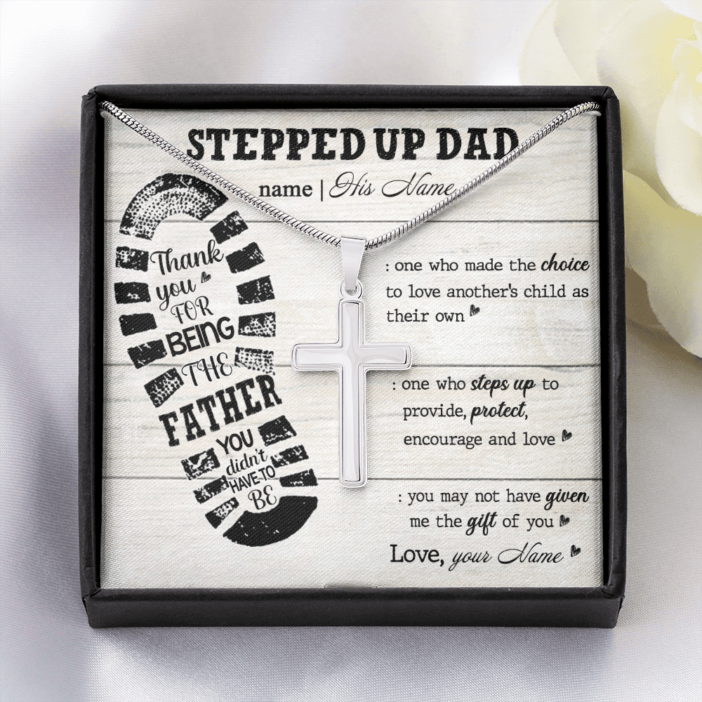 personalized to my stepped up dad necklace, thank you for being the father you didn't have to be (white wood) Stainless Steel Cross Necklace