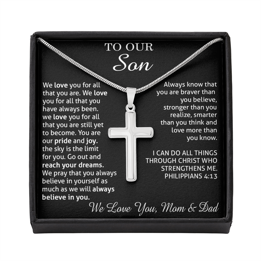 to our son necklace from mom and dad, we love you for all that you are stainless steel cross necklace