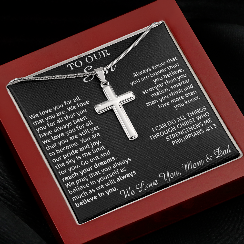 to our son necklace from mom and dad, we love you for all that you are stainless steel cross necklace