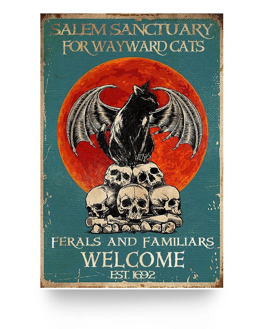 Molomon Customized Salem Sanctuary for Wayward Cats Ferals and Familiars Welcome EST 1962 Black Cat and Skull Poster Family Friend, Awesome Birthday Gift Decor Bedroom, Living Room Art Print 24x36 Poster