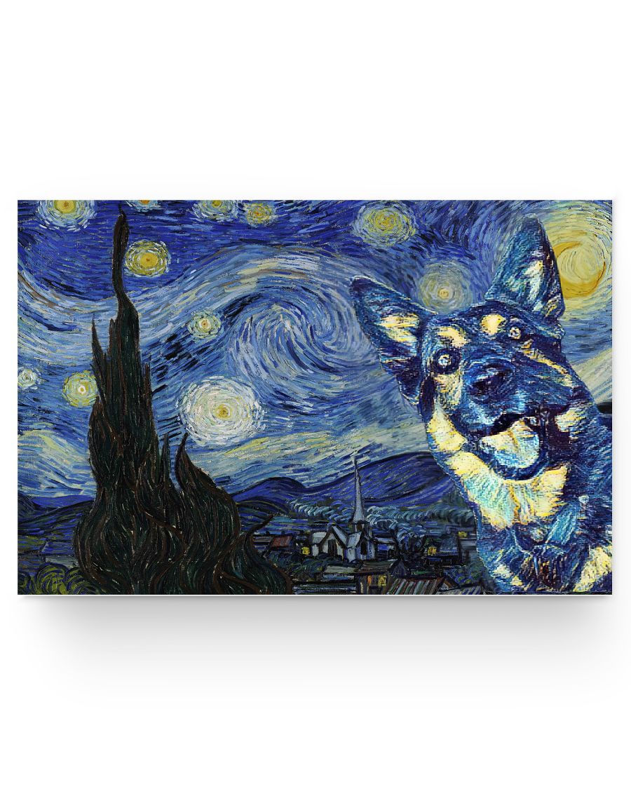 Molomon Inspirational Starry Night with German Shepherd Dog Style Vicent Van Gogh Poster Family Friend, Awesome Birthday Gift Decor Bedroom, Living Room Art 24x16 Poster New