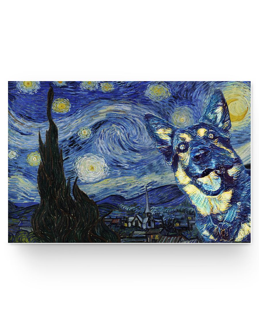 Molomon Inspirational Starry Night with German Shepherd Dog Style Vicent Van Gogh Poster Family Friend, Awesome Birthday Gift Decor Bedroom, Living Room Art 36x24 Poster New