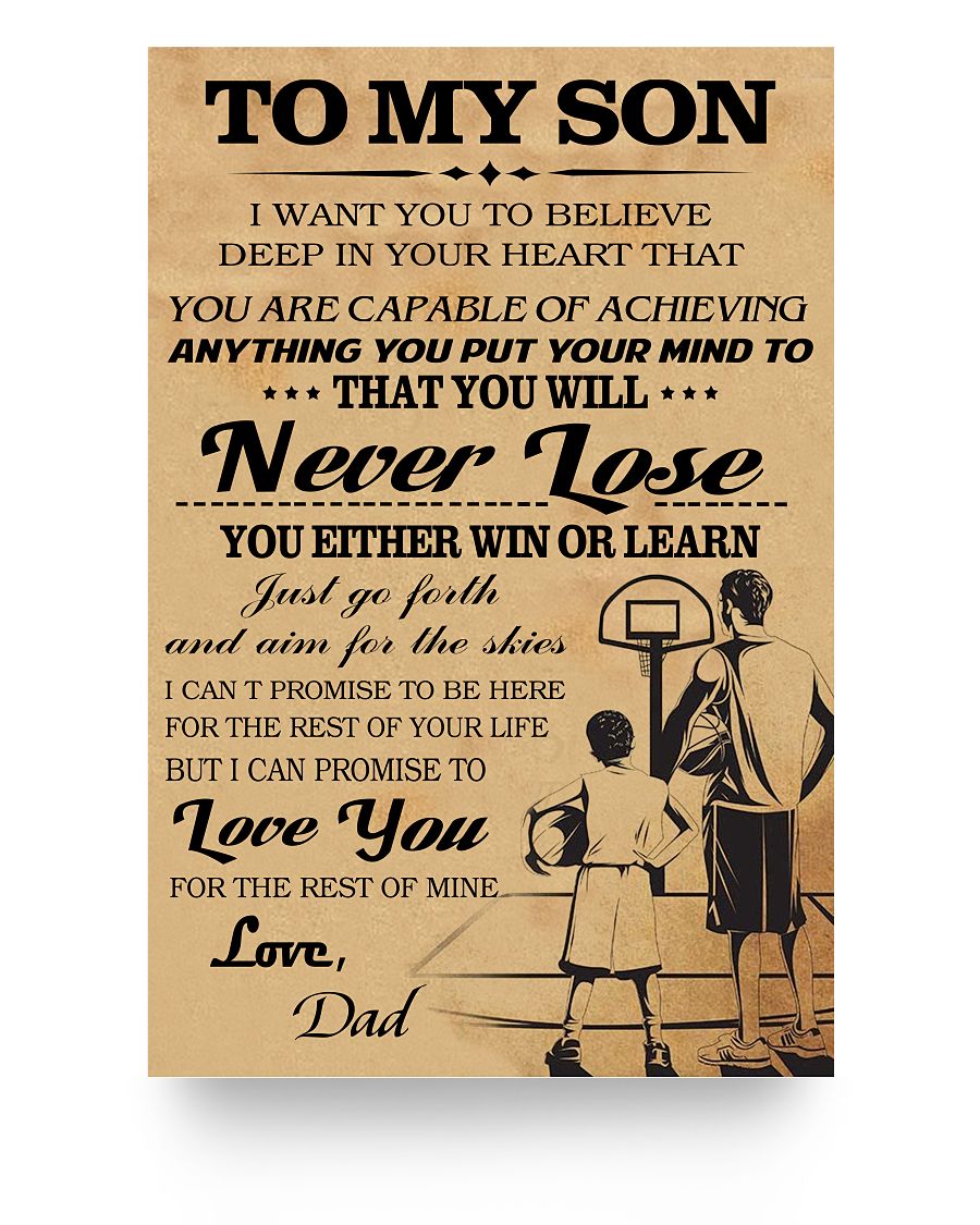 Personalized Basketball Poster - to My Son - Never Lose Family Friend, Awesome Birthday Decor Bedroom, Living Room Art Print 24x36